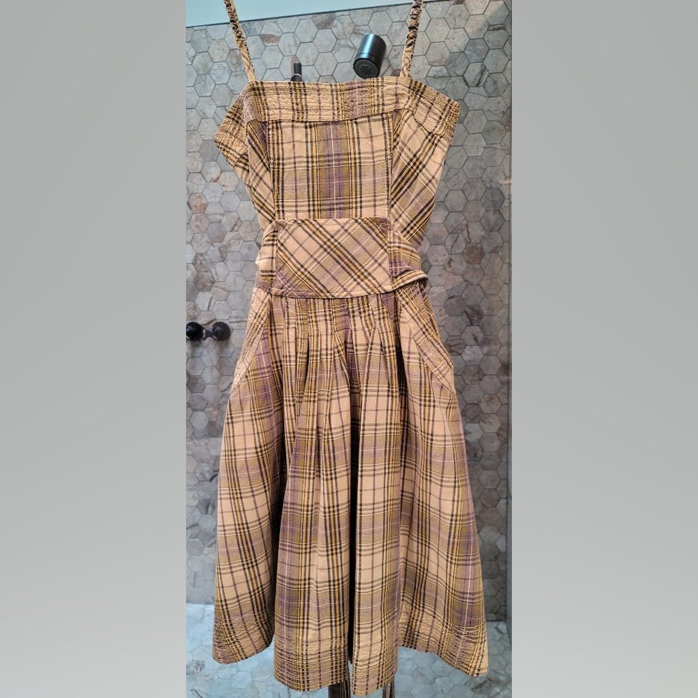 Free People cotton plaid circle dress with pockets, removable straps, and bow